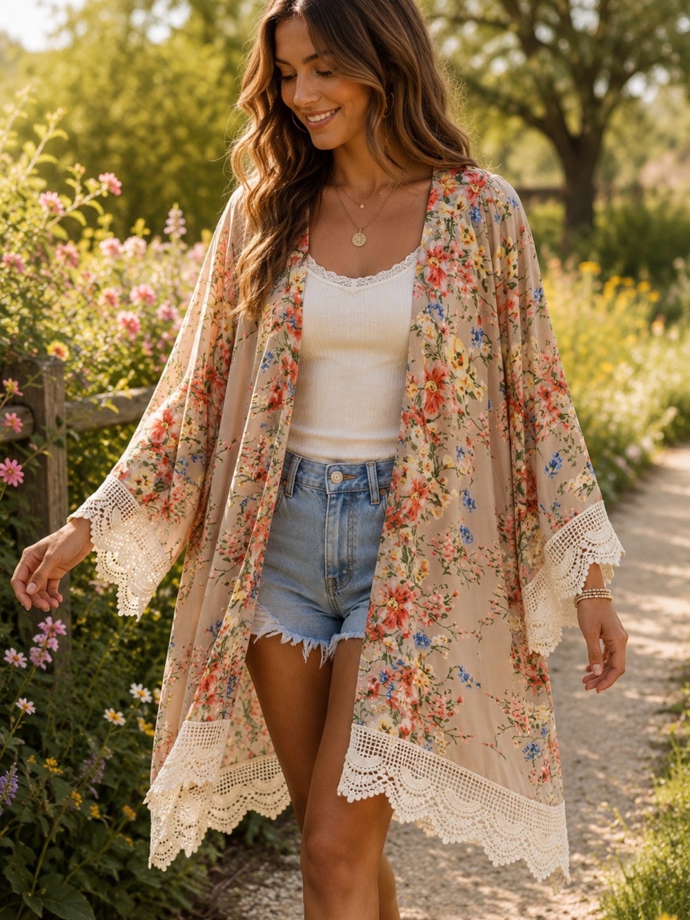 Umgee Floral Kimono Cardigan Lace Trim Boho Duster S/M